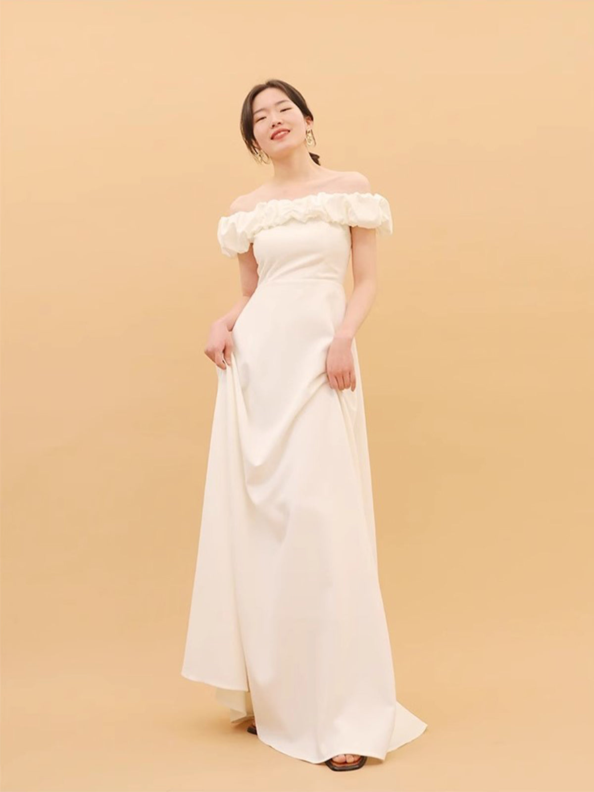 off white pleated dress Off White Pleated Strapless Fitted Satin Gown