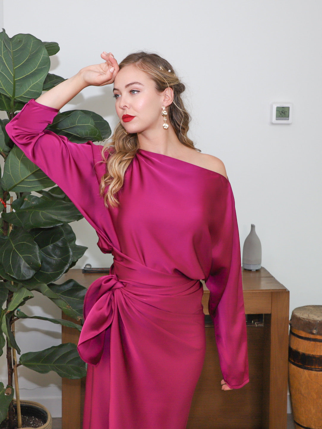 satin wrap neck dress Elegant Mock Neck Black Satin Wrap Tie-Up Open Back Maxi Dress L / Black