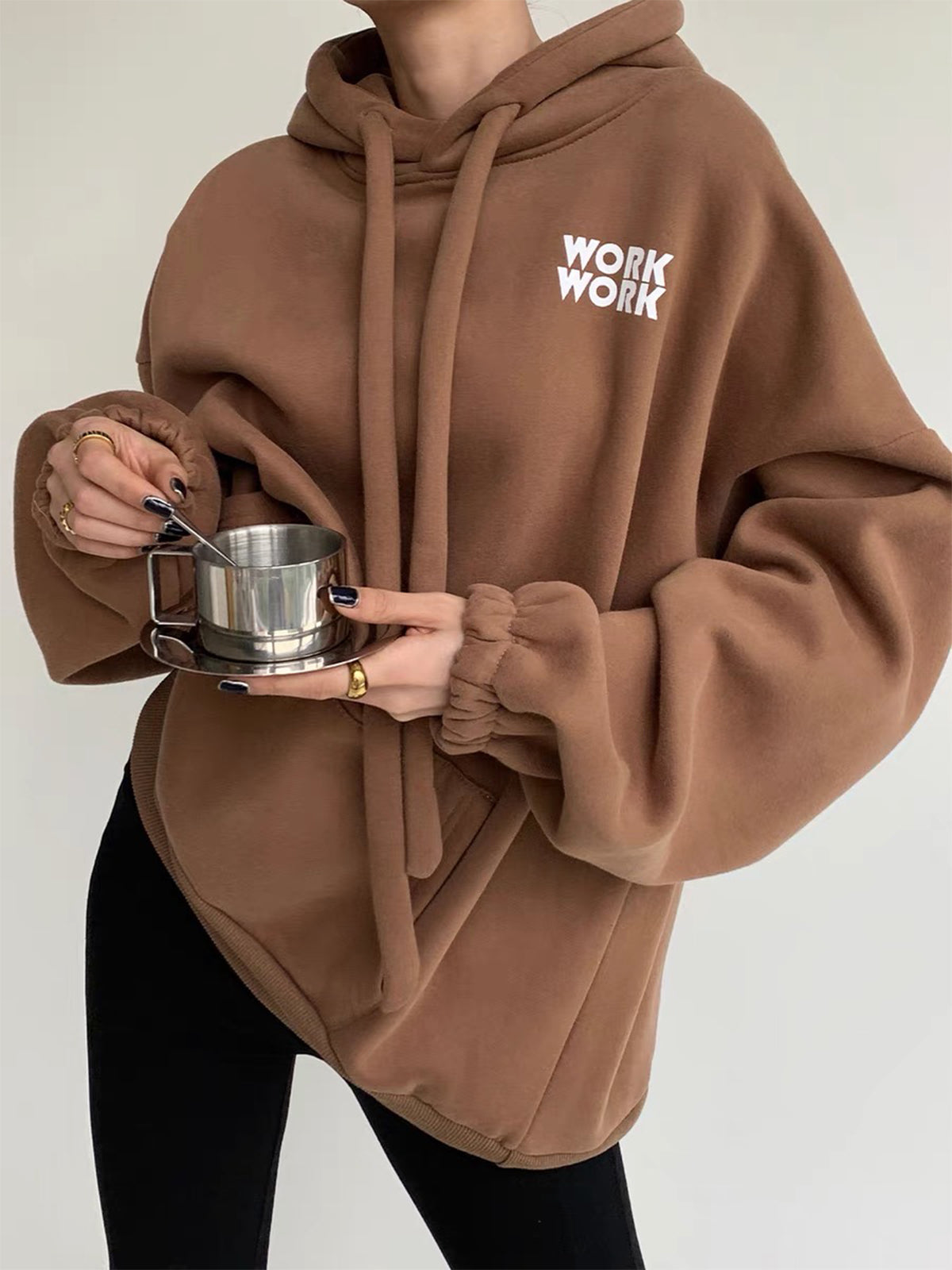Thickened Hoodie with Letter Logo - Brown