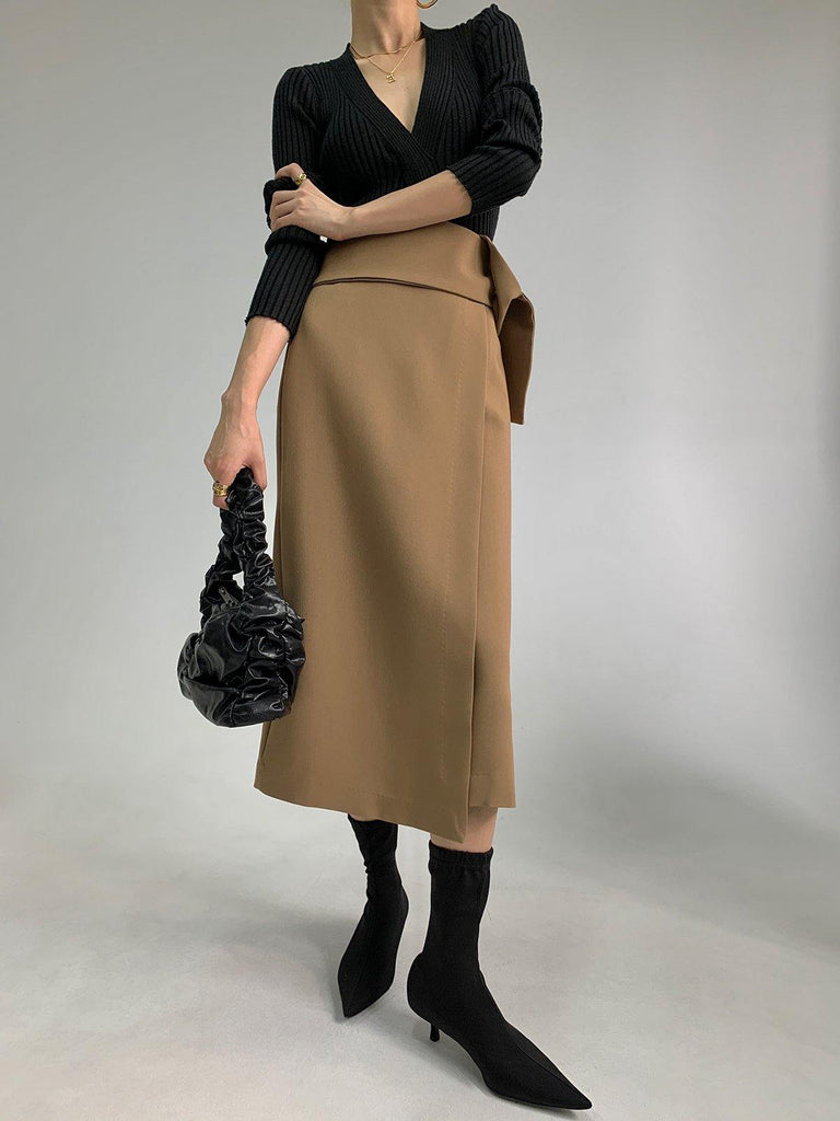 Asymmetric Wrap Midi Skirt - Khaki - Slowliving Lifestyle