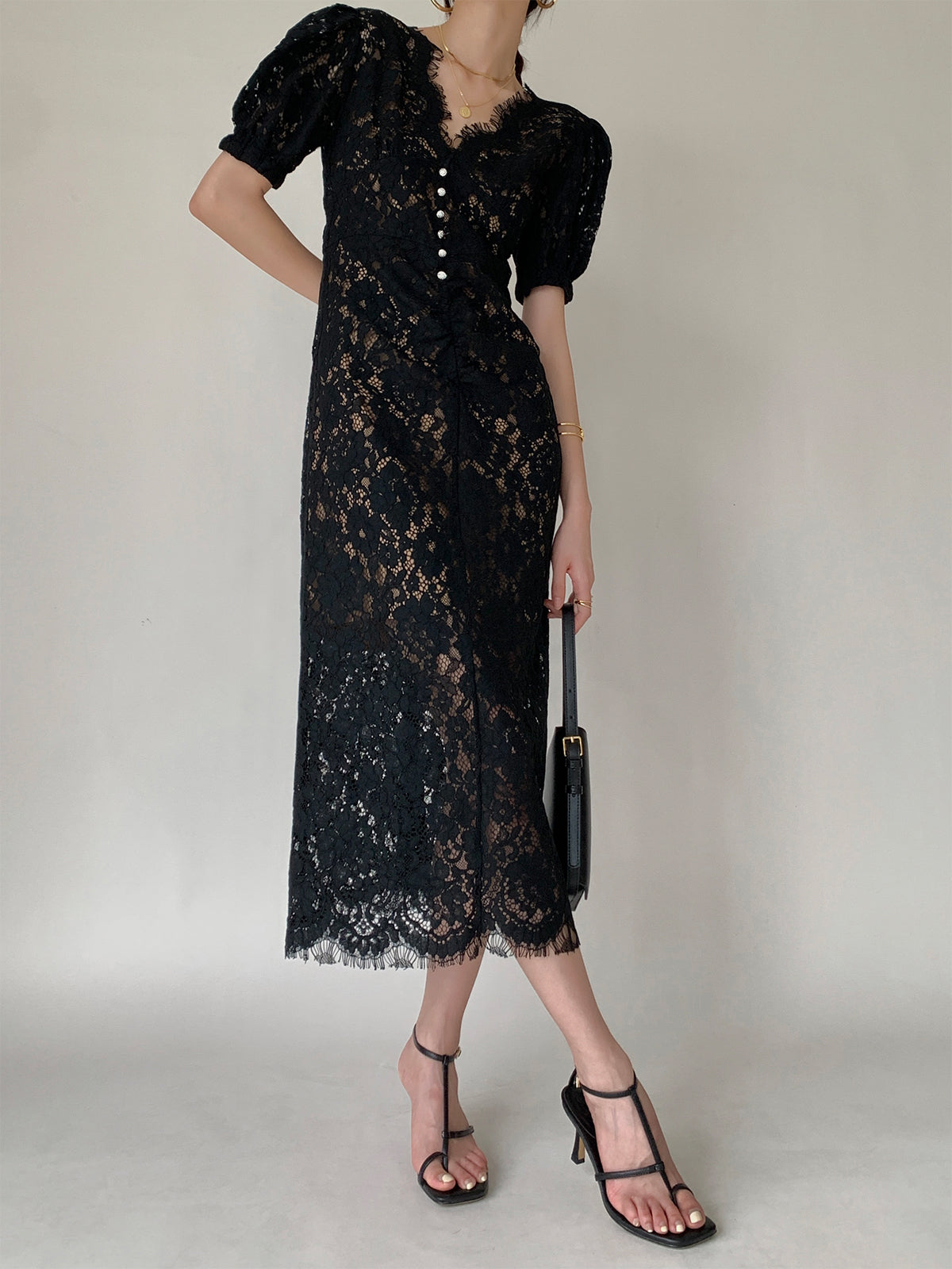 Lace V-Neck Puff Sleeve A-Line Midi Dress | Slowliving Lifestyle S Lace V-Neck Puff Sleeve A-Line Midi Dress | Slowliving Lifestyle S
