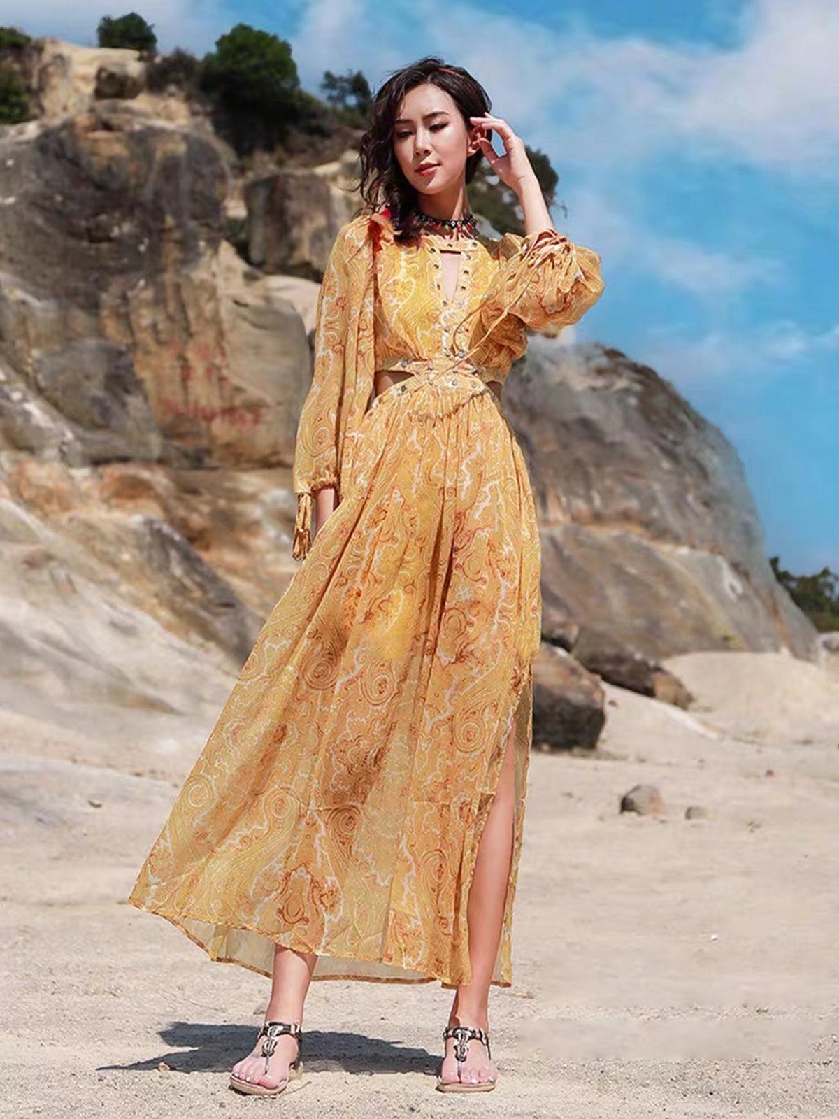 cut out beach maxi dress ivory V-Neck Maxi Dress With Cut Out And Slit