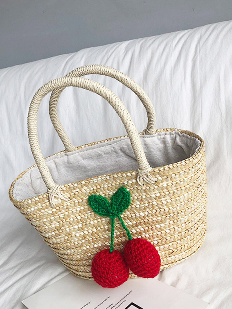Straw Woven Cherry Bucket Bag