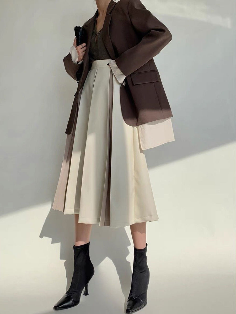 KHAKI PLEATED LEATHER SKIRT