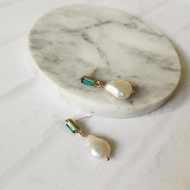 Square Green Stone Pearl Drop Earrings - Slow Living Lifestyle