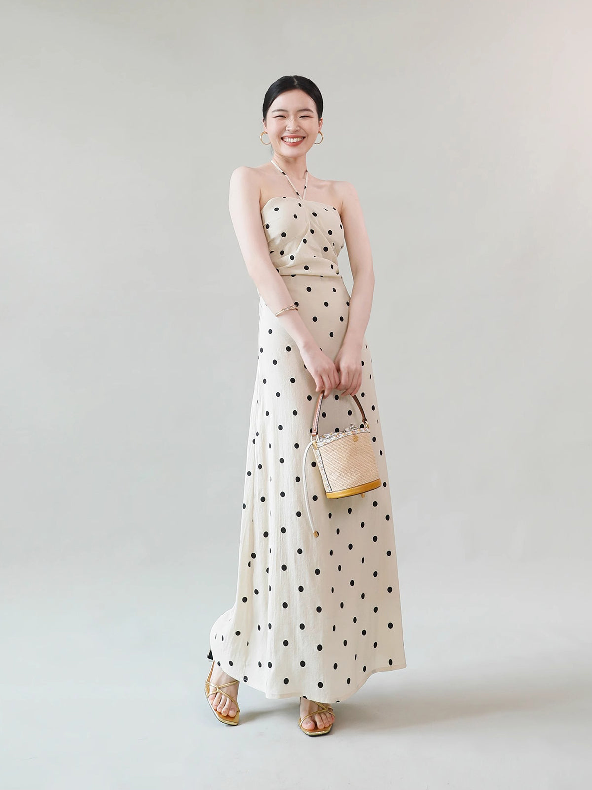 Polka Dot Cotton-Linen Halter Neck Dress Medium Polka Dot Cotton-Linen Halter Neck Dress Medium