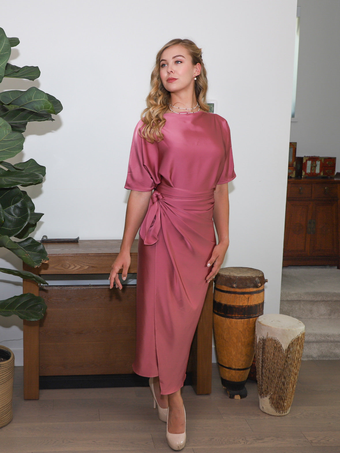 Round-Neck Wrap Satin Maxi Dress  Slowliving Lifestyle