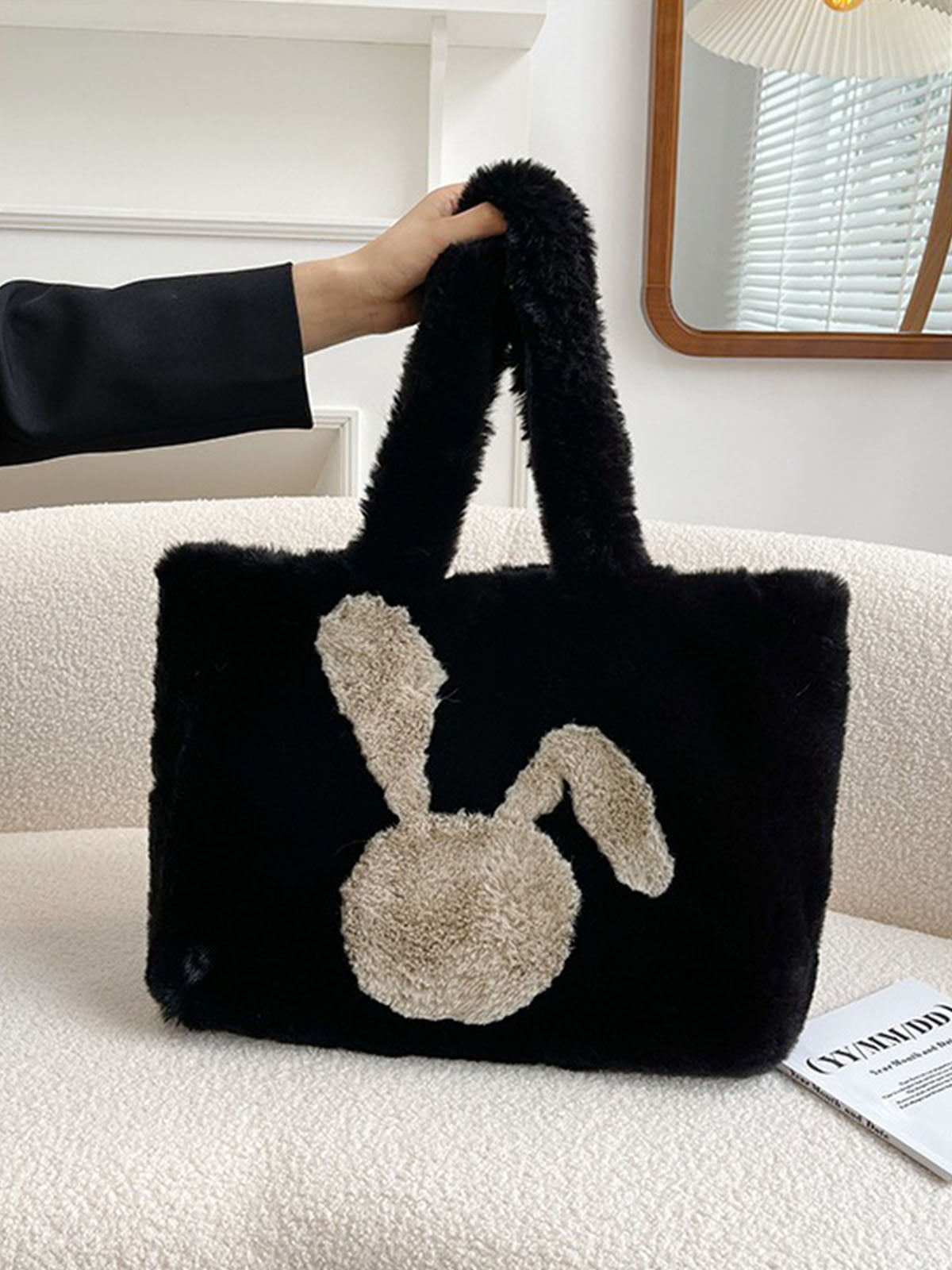 Winter Large Capacity Fluffy Tote Bag Rabbit Print Plush
