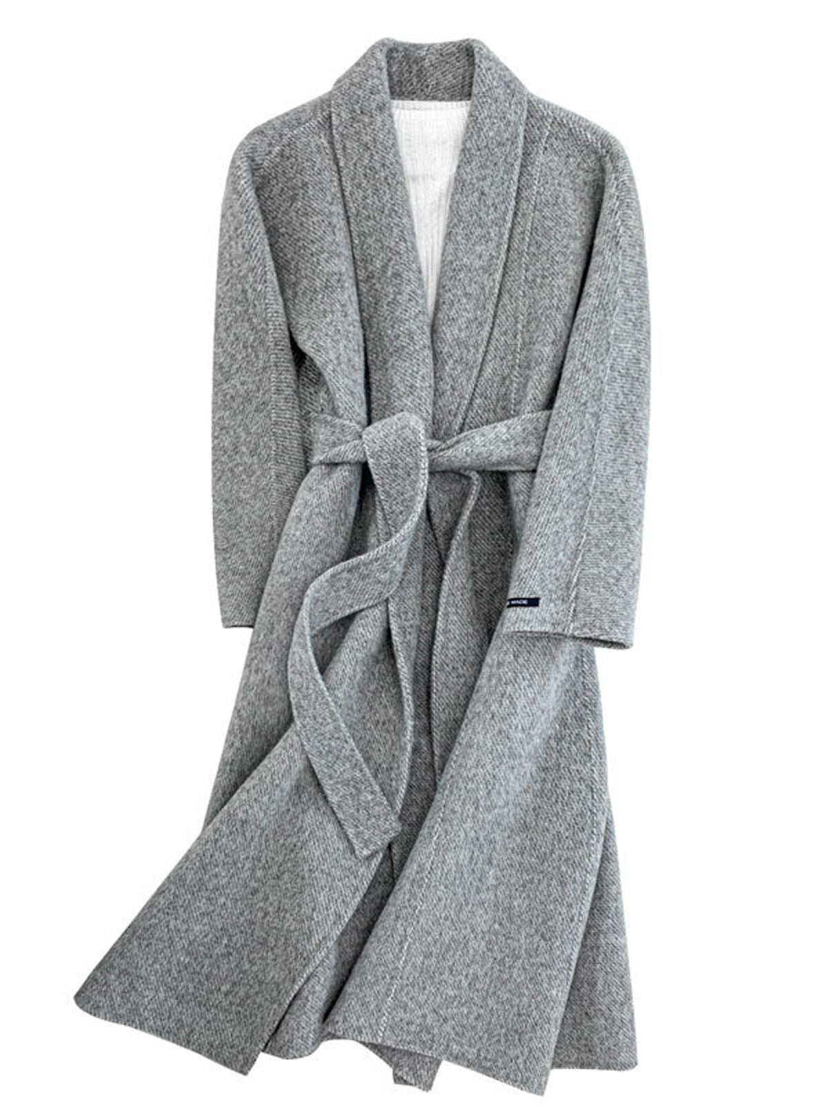 Long Double Face Wool Wrap Belt Coat - Gray