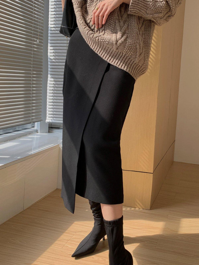 Asymmetric Wrap Midi Skirt - Black - Slowliving Lifestyle
