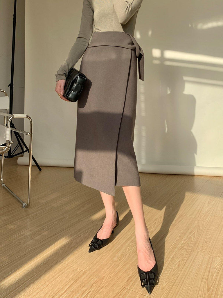 Asymmetric Wrap Midi Skirt - Olive Grey - Slowliving Lifestyle