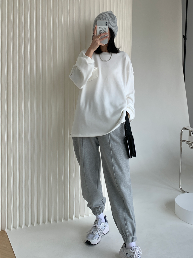 Pocket Design Basic Round Neck Sweater Shirt - White - Slowliving Lifestyle