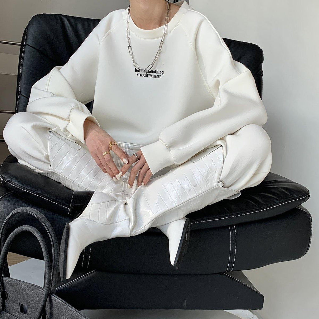 Round Neck Oversized Knit Sweatshirt - White - Slowliving Lifestyle