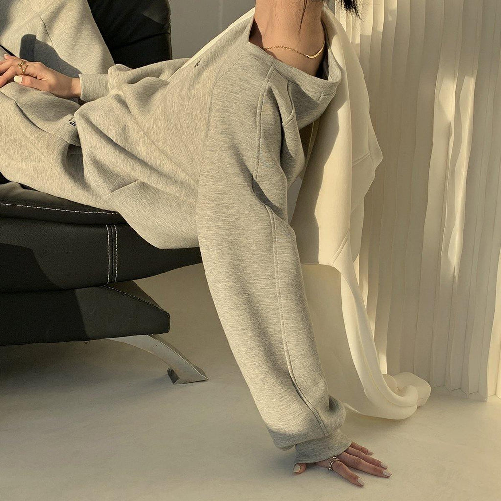 Round Neck Oversized Knit Sweatshirt - Grey - Slowliving Lifestyle