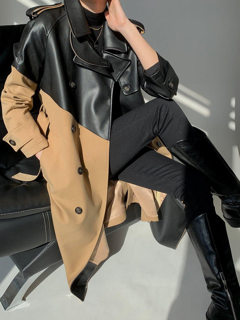 Black-Beige Splice Double-Breasted Trench Coat - Slowliving Lifestyle