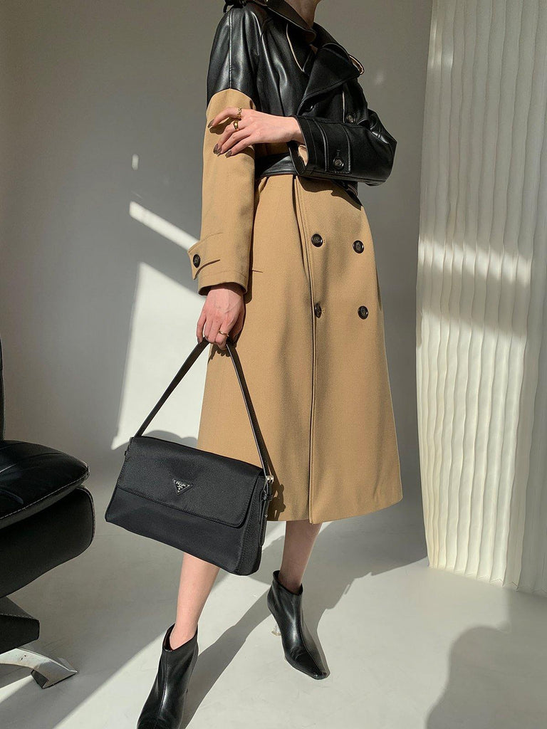 Black-Beige Splice Double-Breasted Trench Coat - Slowliving Lifestyle