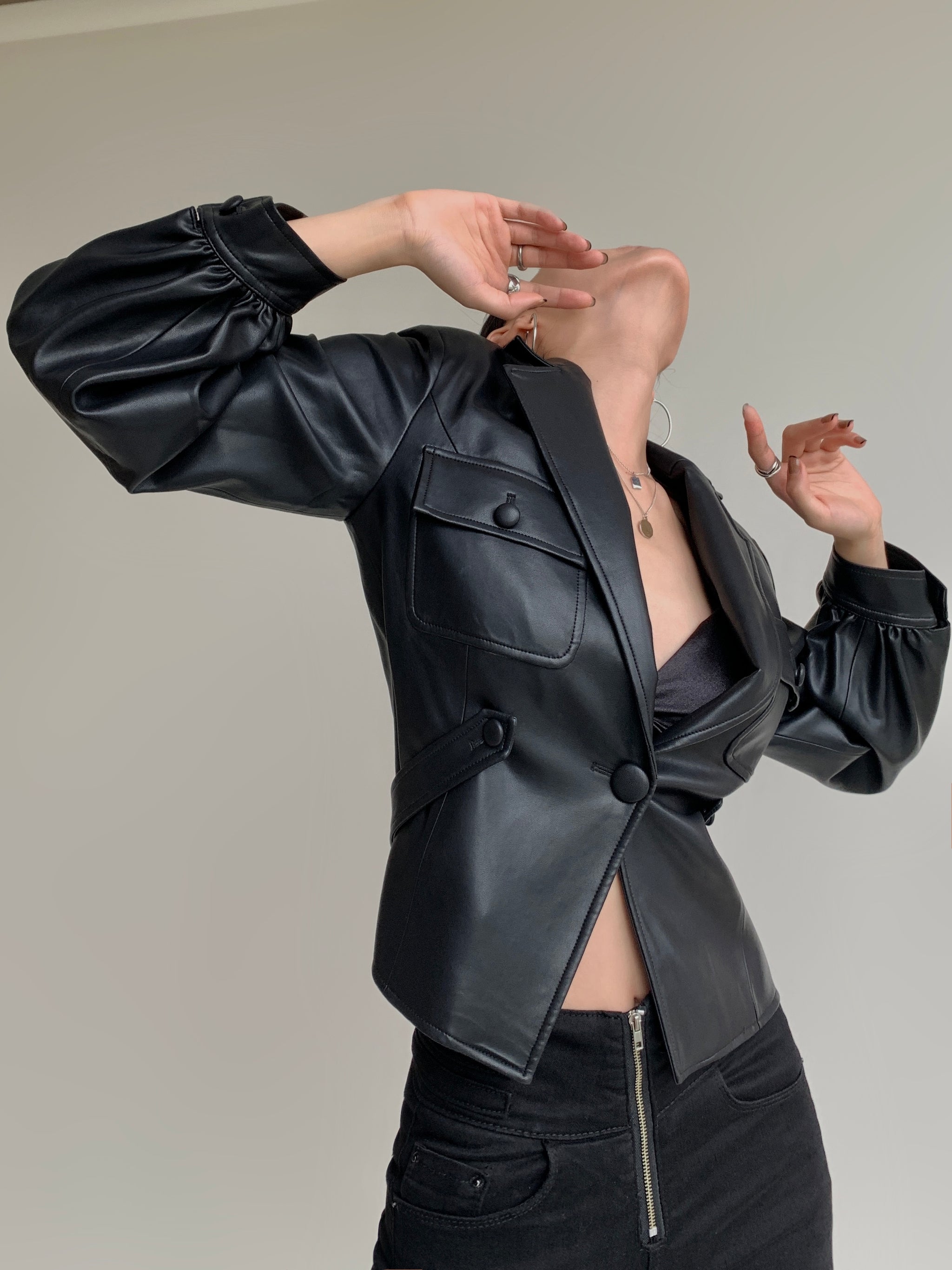 Cropped Vegan Leather Jacket-Black | Slowliving Lifestyle