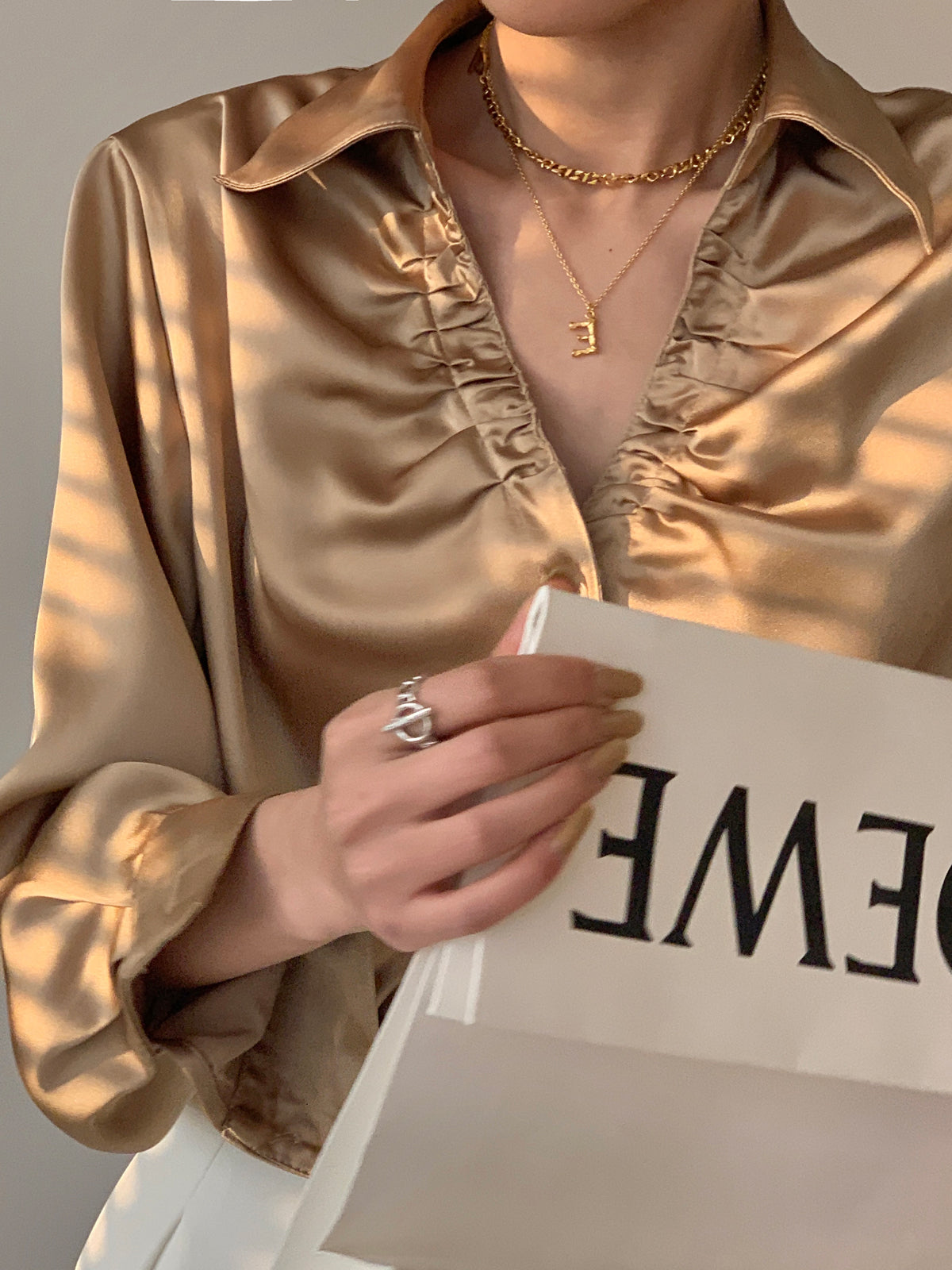 Satin V-Neck Long Sleeve Shirt - Gold | Slowliving Lifestyle Satin V-Neck Long Sleeve Shirt - Gold | Slowliving Lifestyle