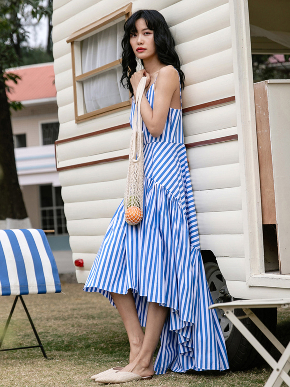 White And Blue Striped Maxi Dress S