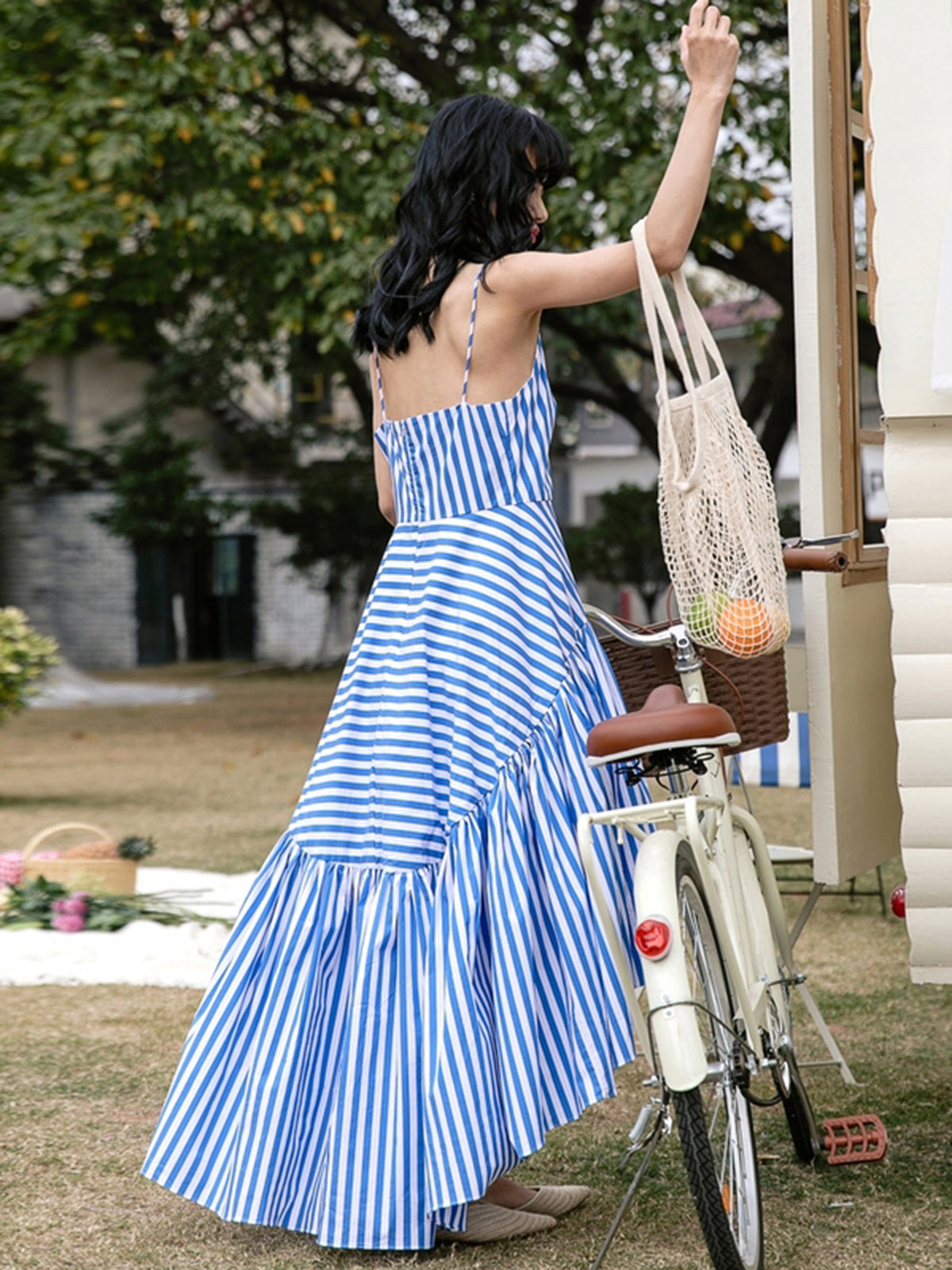 White And Blue Striped Maxi Dress S