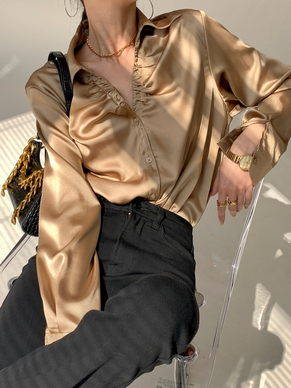 Satin V-Neck Long Sleeve Shirt - Gold | Slowliving Lifestyle Satin V-Neck Long Sleeve Shirt - Gold | Slowliving Lifestyle