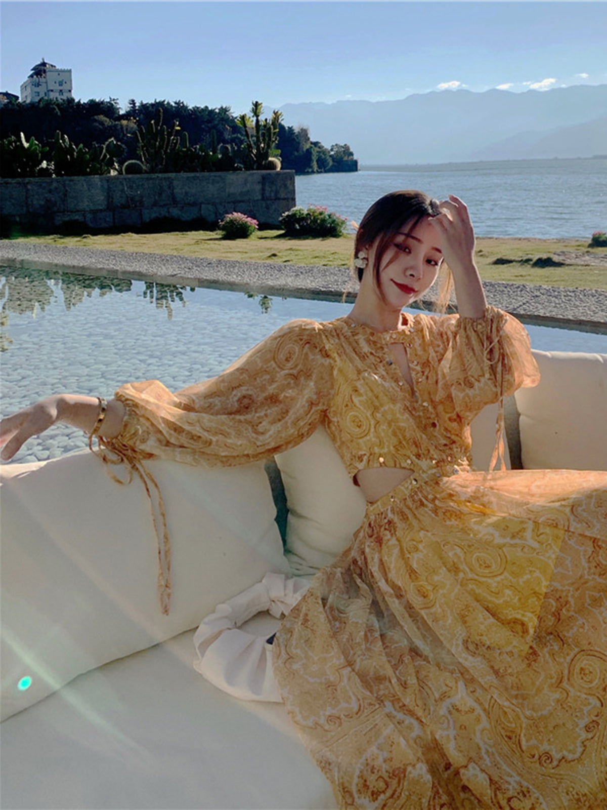cut out beach maxi dress South Beach lace cut out beach maxi dress in caramel
