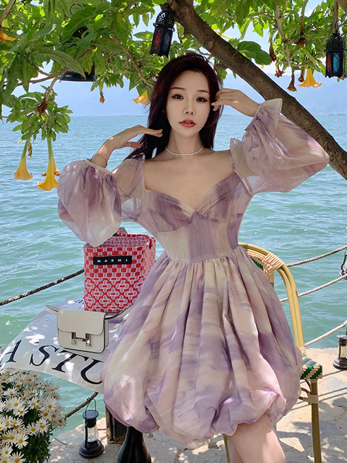 puff sleeve fairy dress Purple L A formal dress is Size:ONE SIZE F…s upto 2XL Petite Smocked Blouson Dress campaign_mon-cheri-badge