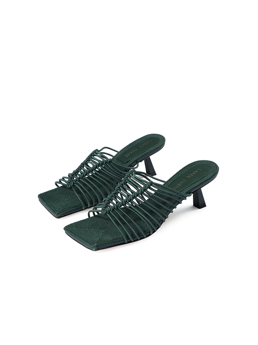 Laber Three Knotted Thin Strap Square Toe Mid Heel Mules - Green ...