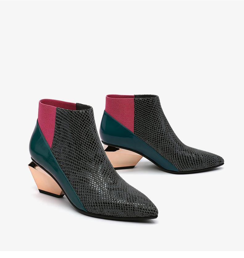 Mid Heel Pointed Toe Color Block Ankle Boots - Slowliving Lifestyle